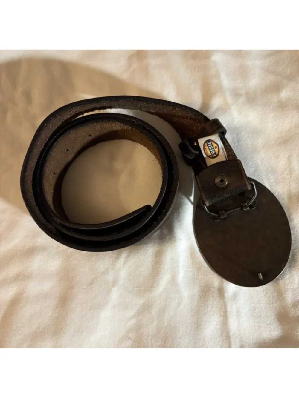 UNC Vtg Fossil Leather Belt Brass Buckle 90s Distressed